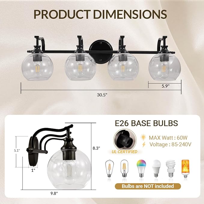 ANDY STAR 4 Light Bathroom Vanity Lights, Matte Black Bathroom Light with Clear Globe Glass Lampshade, 30.5 Inch Industrial Wall Lamp, E26 Base, Bulbs Not Included