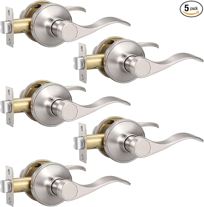 Knobonly 5 Pack Satin Nickel Pasage Door Levers Interior Door Handles for Hallyway andCloset Door Knobs Keyless Nickel Door Handles with Lock, Zinc Alloy Reversible for Right/Left