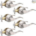 Knobonly 5 Pack Satin Nickel Pasage Door Levers Interior Door Handles for Hallyway andCloset Door Knobs Keyless Nickel Door Handles with Lock, Zinc Alloy Reversible for Right/Left