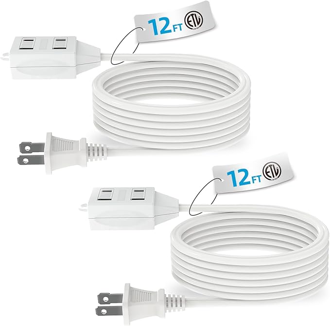 TiFFCOFiO Indoor Extension Cord, 2 Prong 12 Feet Extension Cord, 3 Polarized Outlets with Safety Slide Windows,13A/1625W, 16 AWG, 1 Pack (2 Packs)