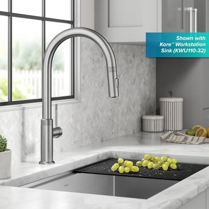 KRAUS Oletto Modern Industrial Pull-Down Single Handle Kitchen Faucet in Spot Free Stainless Steel, KPF-2654SFS