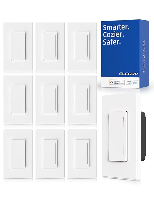 ELEGRP Smart Dimmer Light Switch DTR10, Single Pole Setup, 2.4GHz Wi-Fi Touch Dimmer Compatible with Alexa and Google Assistant, Needs Neutral Wire, No Hub Required, UL&FCC Listed, White, 10 Pack