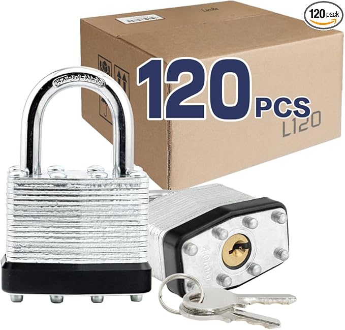 LanuBe Lock Laminated keyed padlock1-9/16 inch, keyed Alike Locks, Normal Shackle,Marked Black Plastic Hoop, Pack of 120