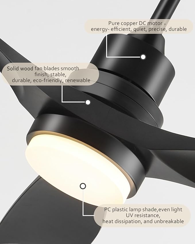 60 Inch Ceiling Fans with Lights Remote, Black Ceiling Fan with 3 Downrods, 3 Wood Blades, ETL Listed, Timer, 6 Speed Quiet Reversible DC Motor Outdoor Fans for Patios Bedroom Farmhouse