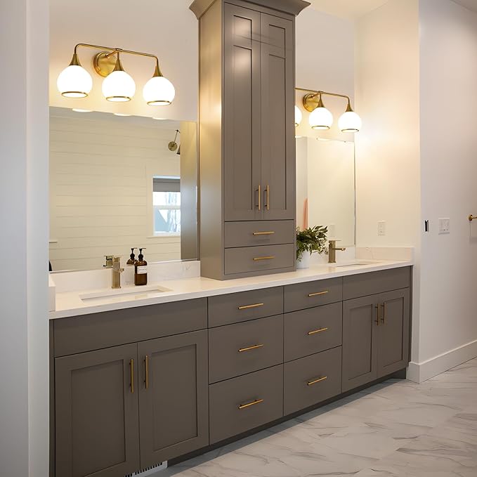 Brushed Gold Bathroom Light Fixtures 3-Lights Vanity Lights with Milky White Frosted Glass Shade Bathroom Vanity Light 22.4 inch Wall Sconce Lighting Bath(Exclude E26 Bulb)