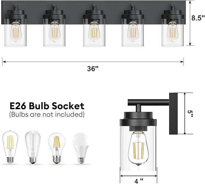 Bathroom Vanity Light Fixture with Clear Glass Shade, 5-Light Matte Black Bathroom Light Fixtures Over Mirror, Modern Vanity Lighting Fixtures for Bathroom/Living Room/Bedroom, E26 lamp Holder