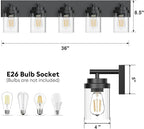 Bathroom Vanity Light Fixture with Clear Glass Shade, 5-Light Matte Black Bathroom Light Fixtures Over Mirror, Modern Vanity Lighting Fixtures for Bathroom/Living Room/Bedroom, E26 lamp Holder