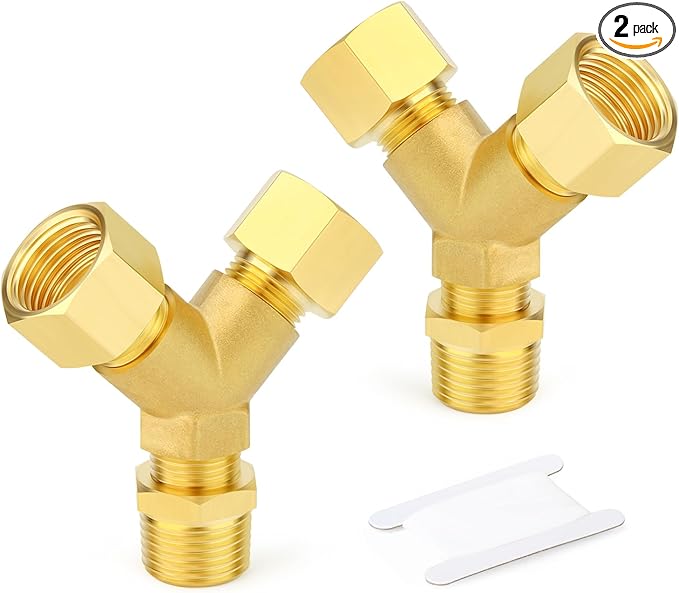 GASHER 2PCS Brass Pipe Fitting Male Branch Tee Y Adapter 1/2" NPT Female x 1/2" NPT Female x 1/2" NPT Male