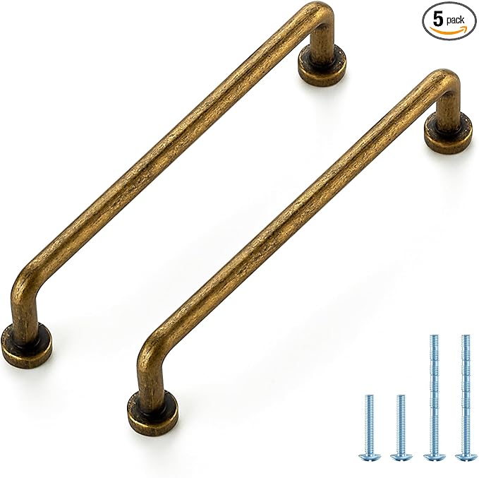 JOY DECOR Cabinet Pulls – 5 Inch Hole Center, Antique Brass, 5 Pack, Zinc Alloy Cabinet Handles for Drawers & Cupboard – Vintage Style Hardware for Kitchen, Bathroom, Dresser, Furniture Makeover
