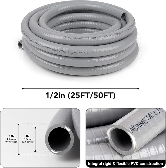 1/2inch 50ft Liquid-Tight Conduit and Connector Kit,Flexible Non Metallic Liquid Tight Electrical Conduit Kit with 5 Straight and 3 90-Degree Connector Fittings,1/2 in. Dia