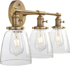 Phansthy 3-Light Wall Sconces Antique Brass Vanity Light, Industrial Wall Lamps with On Off Switch and Clear Glass Lampshade, Vintage Wall Lighting for Bathroom Living Room (Antique, Bell Shade)