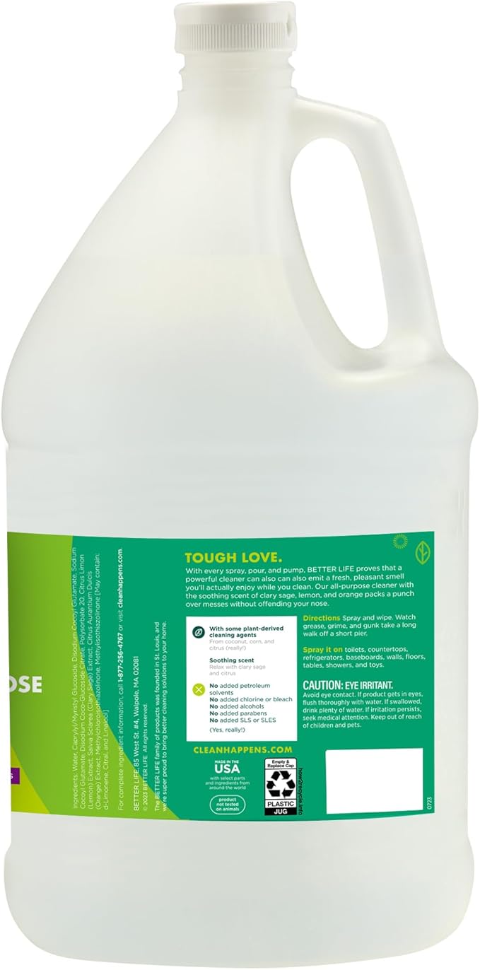 Better Life All Purpose Cleaner - Multipurpose Home and Kitchen Cleaning Spray for Glass, Countertops, Appliances, Upholstery & More - Multi-surface Spray Cleaner - 1 Gal Refill Clary Sage & Citrus