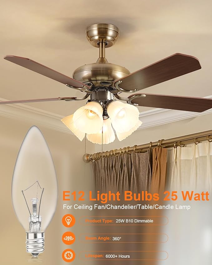 E12 Candle Light Bulbs 25W Warm White 2500K, 250Lumen - B10 Clear Candelabra Base Bulbs Dimmable Chandelier Light Bulbs for Ceiling Fan, Pendants or Outdoor (12 Pack)
