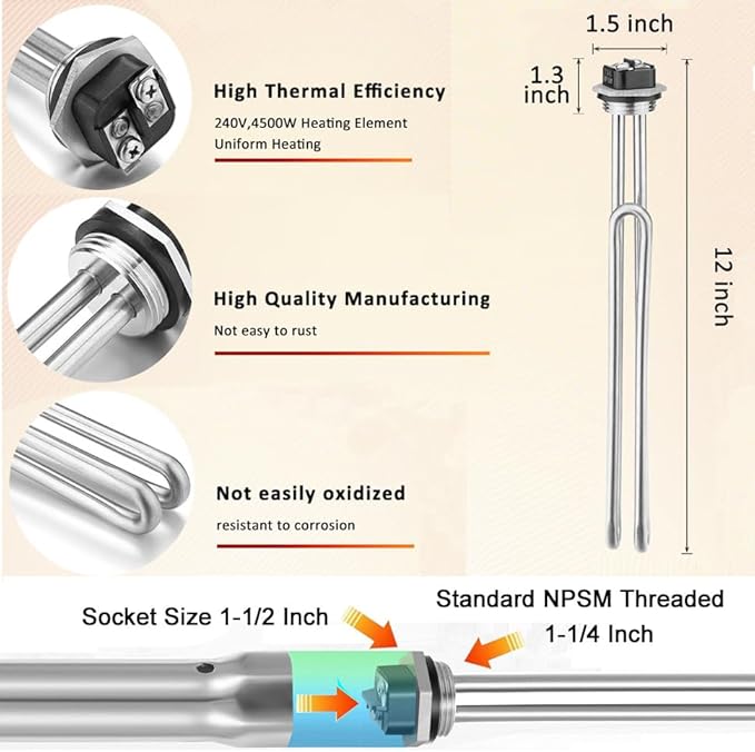 Mornajina 02582 Electric Water Heater Elements 4500W 240V, Hot Water Heater Replacement Parts Screw-in RV Hot Water Heater Fit Most Models, Foldback Type