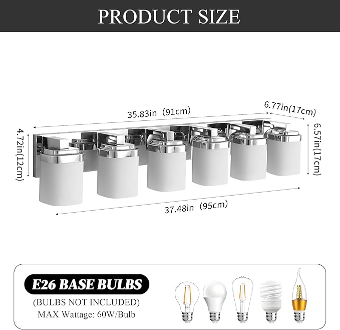 6-Light Bathroom Light Fixtures, Chrome Vanity Lights for Bathroom Mirror Lamp with Milky White Square Glass Shade, E26 Base Modern Wall Sconce Kitchen Light Fixtures Led Vanity