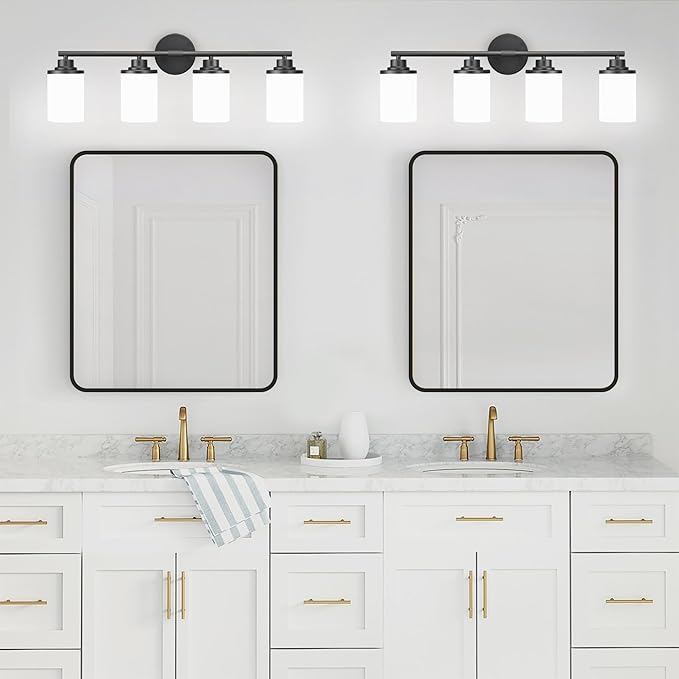 Modern Bathroom Vanity Light Fixture, 4-Light Sconces with Frosted Glass, Matte Black