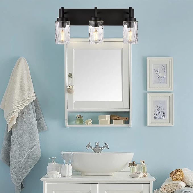 BONLICHT Vanity Light Fixtures 3 Light Modern Wall Sconces Lighting Black Bathroom Lights Wall Mounted with Hammered Glass Shade,Farmhouse Wall Light for Mirror Cabinets, Powder Room, Dressing Table