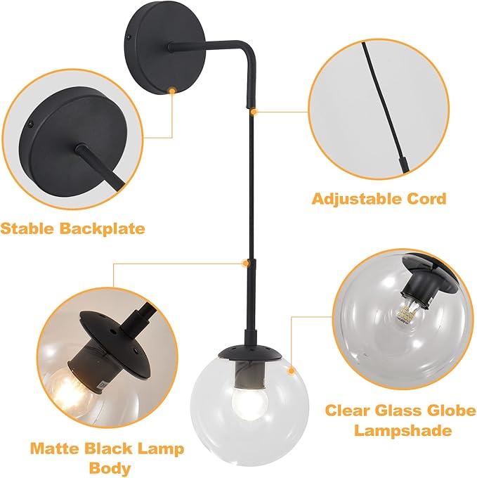 KCO Lighting Black Globe Wall Sconce Set of 2 Mid Century Modern Wall Light with Clear Glass Shade Vintage Adjustable Wall Lamp for Bathroom Mirror Bedside Stairs (Clear)