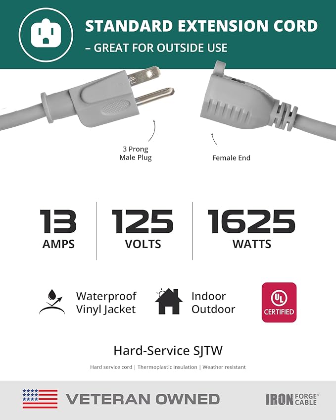 Iron Forge Cable Gray Outdoor Extension Cord 50 ft, 16/3 SJTW 50 Foot Grey 3 Prong Extension Cord Outdoor & Indoor, Weatherproof 13 Amp Heavy Duty Power Cable