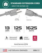 Iron Forge Cable Gray Outdoor Extension Cord 50 ft, 16/3 SJTW 50 Foot Grey 3 Prong Extension Cord Outdoor & Indoor, Weatherproof 13 Amp Heavy Duty Power Cable