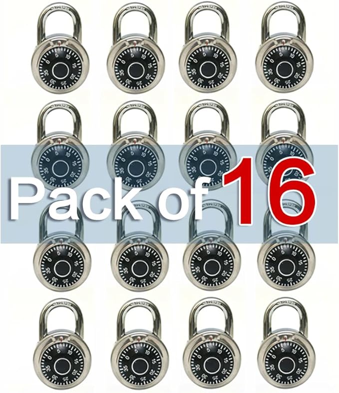 LanuBe Lock Standard Dial Combination Lock, 2 in. Wide, with Different Combinations, Black Turnplate, Pack of 16; Lock for School, Employee, Gym & Sports Locker, Case, Toolbox, and so on