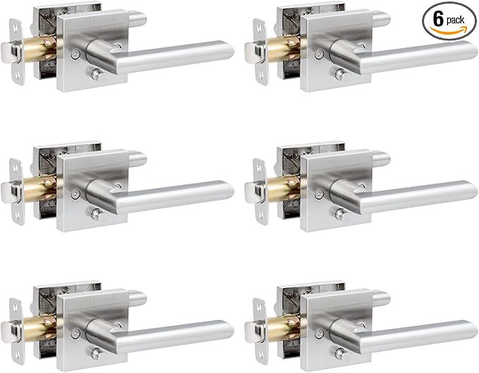 HOSOM 6 Pack Privacy Door Handles Interior for Bedroom and Bathroom, Satin Nickel Interior Door Handles with Lock, Heavy Duty Interior Door Levers, Keyless Reversible Square Door Locks Door Knob