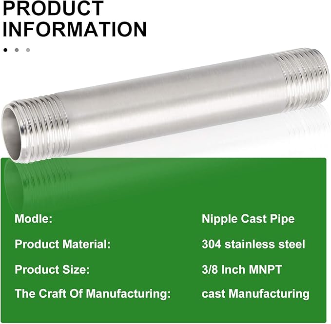 TAISHER 2PCS Stainless Steel Pipe Fittings, 3/8" NPT x 3/8" NPT Male Threaded, 6" Length Nipple Cast Pipe