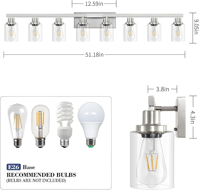 52inch Brushed Nickel Vanity Light Fixtures, 8 Light Brushed Nickel Bathroom Vanity Lights Over Mirror, Matte Nickel Modern Bathroom Wall Lighting for Mirror Bedroom,Living Room
