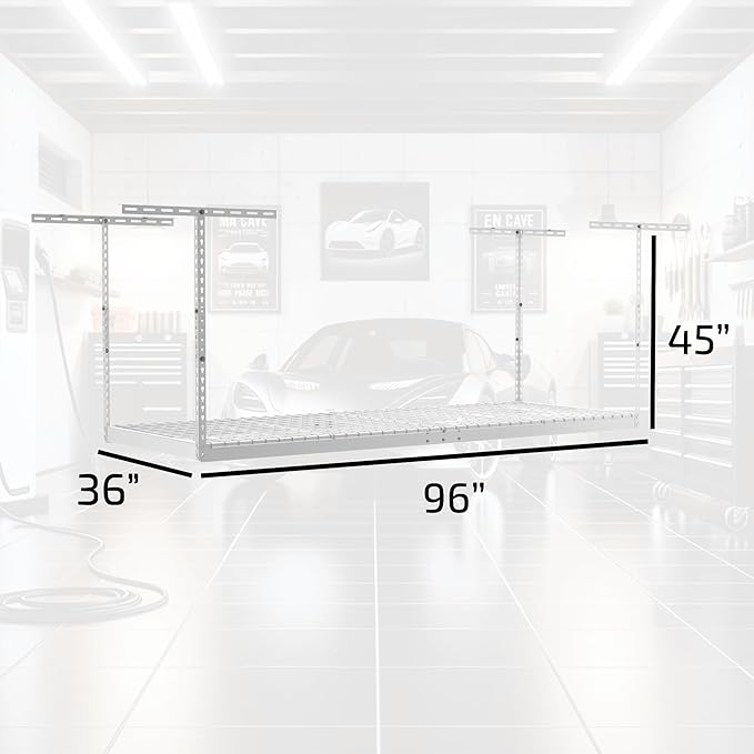 MonsterRax Overhead Garage Storage Racks 3x8’ (2-Pack) Ceiling Mounted Shelving, Adjustable Hanging Organizer, Heavy Duty Steel, Holds 500 Pounds, Color: White, Adjustable from 24"-45" off the Ceiling