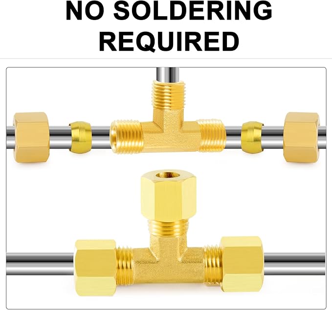 ChillWaves Brass Tee Compression Tube Fitting, 5/8" OD x 5/8" OD x 5/8" OD Compression Union Connector(2-PACK)