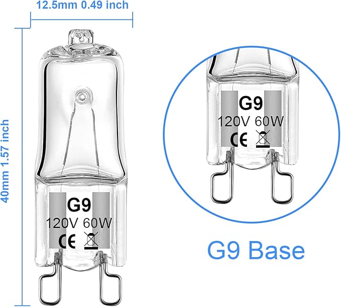 G9 Bulb 60W G9 Halogen Light Bulbs 2 Pin for Range Hood Lights, Microwave Ovens, Bathroom Light Bulbs, Chandeliers 120V 2700K Warm White 12 Pack