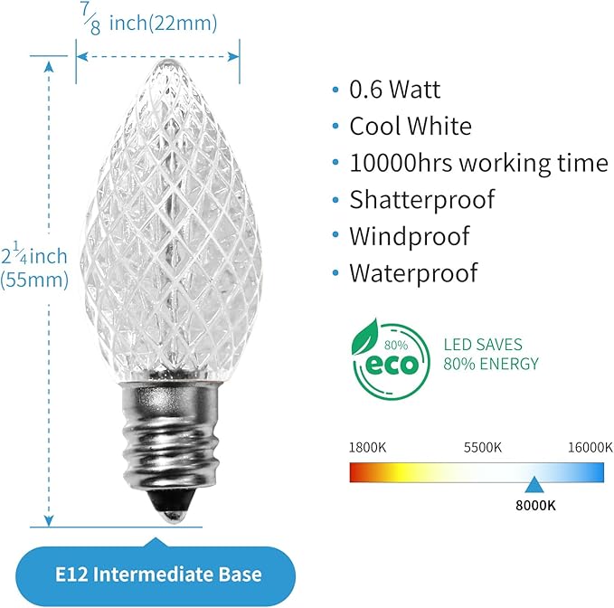 Meconard C7 Led Replacement Christmas Light Bulbs, C7 Shatterproof Led Bulbs for Christmas Indoor Outdoor String Lights, E12 Candelabra Base, Commercial Grade Holiday Bulbs, Cool White, 25 Pack