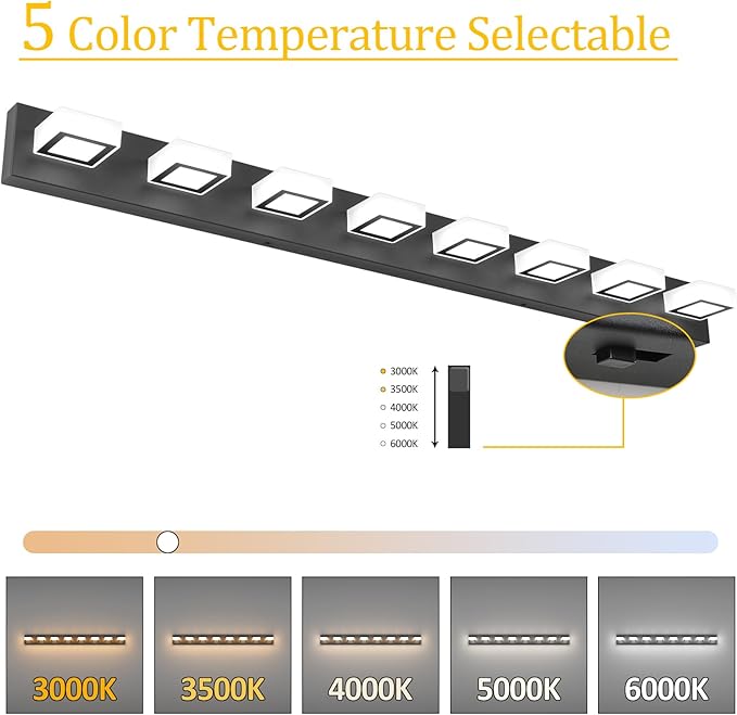 Ralbay 52inch Black Vanity Lights 8 Lights Dimmable 5 Color Temperature Acrylic Modern LED Bathroom Vanity Lighting Fixtures Matte Black