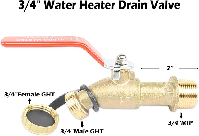 Full Port Brass 3/4" MNPT Water Heater Drain/Flush Ball valve(2 inch Shank, LF Compliant, 180 Degree Handle, w/Garden Hose Cap)
