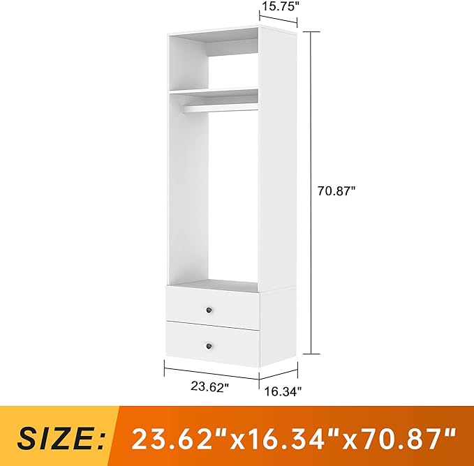 Modular Closet System: Wall Mounted Garment Rack Walk-in Closet System with Hangingrod Built in Clothes Storage with 2 Drawers for Bedroom White 23.62''L x 16.34''W x 70.87''H