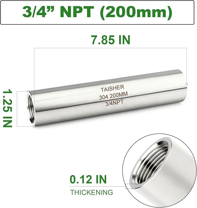TAISHER 2PCS Stainless Steel Pipe Fittings, 3/4" NPT Female x 3/4" NPT Female Threaded, 8" Length Thickened Nipple Cast Pipe