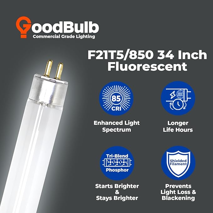 GoodBulb 21-Watt 34 Inch T5 Fluorescent Light Bulb 5000K Daylight White Color Medium Bi-Pin Base 2100 Lumens 85 CRI 36000 Life Hours Instant/Programmed Start Pack of 40 Bulbs