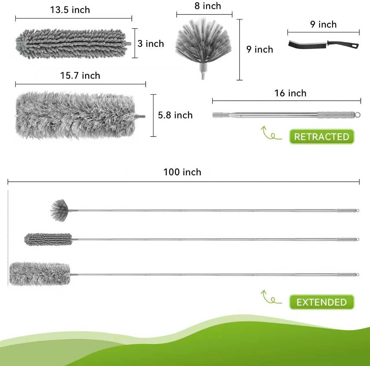 100-inch Duster with Extension Pole, 8-in-1 Cobweb Duster Kit Includes Chenille Head & Retractable Gap Cleaner, Spider Web Brush for High Ceiling, Fan, Car, and Home Cleaning