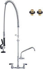 47" Height Commercial Kitchen Sink Faucet with Pre-Rinse Sprayer, 8 Inch Wall Mount Center Sink Faucet with Pull Down Spray Unit, Compartment Sink Faucet with 10" Swivel Spout for Restaurant