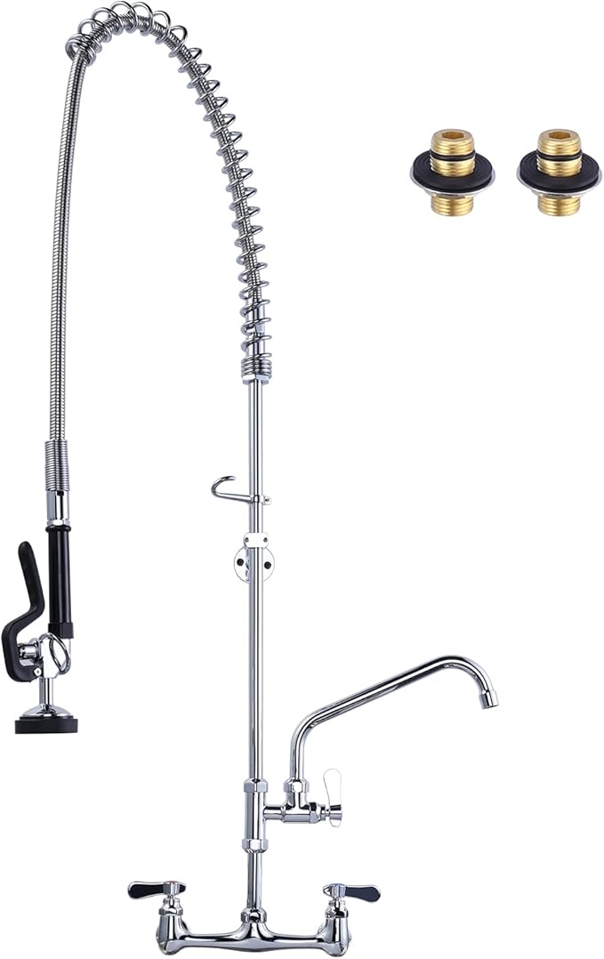 47" Height Commercial Kitchen Sink Faucet with Pre-Rinse Sprayer, 8 Inch Wall Mount Center Sink Faucet with Pull Down Spray Unit, Compartment Sink Faucet with 10" Swivel Spout for Restaurant