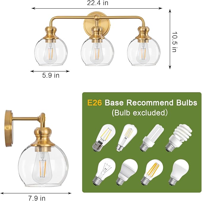 Gold 3-Light Bathroom Vanity Fixture with Clear Glass Shades Modern Wall Lamp Suitable for Bathrooms, Dressing Rooms