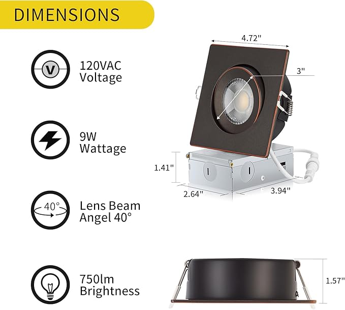 Oil Rubbed Bronze Recessed Lights Square 4 inch 6 Pack, Gimbal Gimbal Recessed Lights,dimmable, 5CCT Selectable,9W 750LM