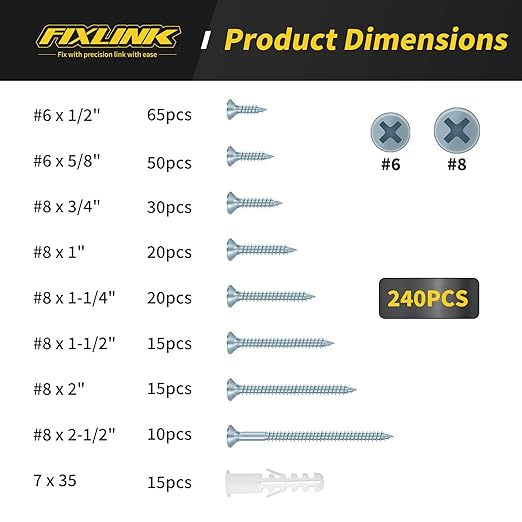 Wood Screws Assortment Kit, FIXLINK 240 PCS High Hardness Flat Head Wood Screws Set, Phillips Drive Assorted Screws, Contain 15PC Anchors and 8 Size (2-1/2”,2”,1-1/2”,1-1/4”,1”,3/4”,5/8”,1/2”), Zinc