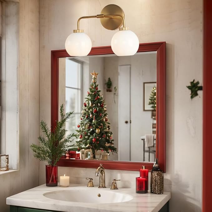 Minimalist Aged Brass Metal Finish Glass Globe Double Wall Sconce, 17 Inch Hand-Polished Vanity Light with Milky Glass Shade Over Mirror, Wall Light for Hallway, Bathroom (Milk Glass-Brass)