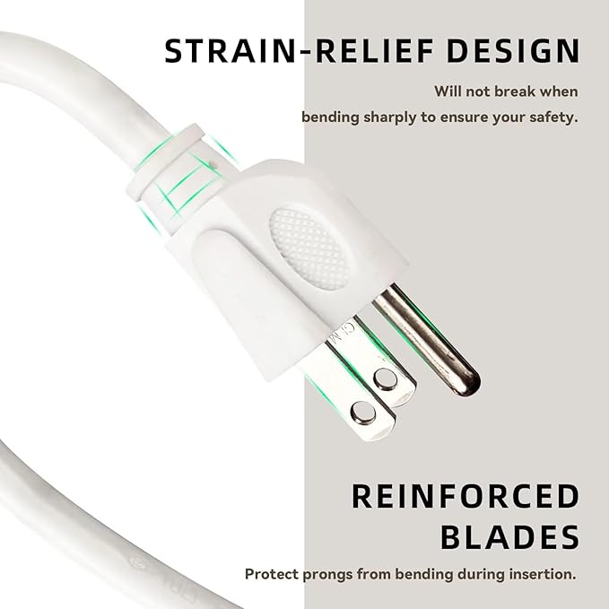 12ft Outdoor Extension Cord - 16/3 Heavy Duty SJTW Waterproof White Electrical Cable with 3 Prong Grounded Plug for Safety, Great for Lawn and Major Appliances