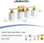 Brushed Gold Bathroom Vanity Light,4-Light Bathroom Light Fixtures with Square Frosted Glass,Gold Bathroom Wall Lamp Sconces for Mirror Bedroom,Living Room Hallway,E26