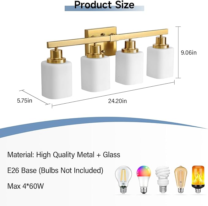 Brushed Gold Bathroom Vanity Light,4-Light Bathroom Light Fixtures with Square Frosted Glass,Gold Bathroom Wall Lamp Sconces for Mirror Bedroom,Living Room Hallway,E26