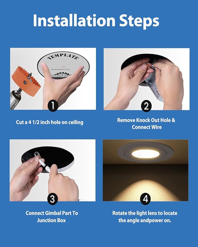 4inch Gimbal LED Recessed Light Recessed LED 4 inch White Swivel Gimbal Canless Light 360° Rotation 90° Tilt 4" 9W Eyeball Lighting Dimmable Adjustable Can Spotlights 5CCT White 4 inch 6 Pack