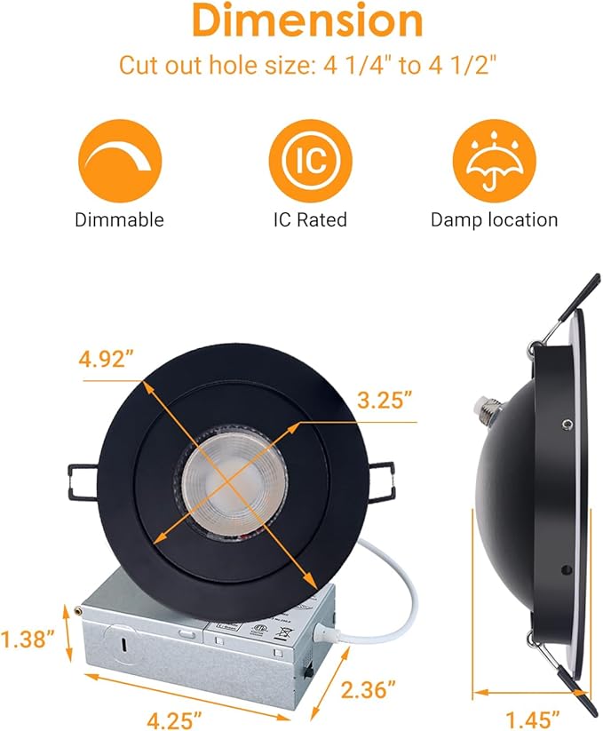 Gimbal LED Recessed Light - 4 Inch Black 9W 360° Rotation Directional Adjustable Eyeball Sloped Ceiling Recessed Lighting 4 inch Light Wafer Soffit Indoor Spotlight Canless Black 4 inch 6 Pack