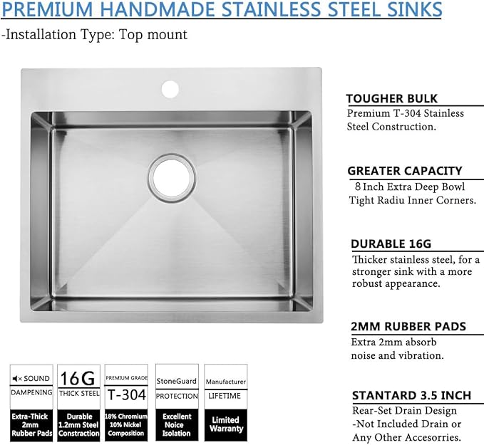 SHACO 25x22 Inch Drop In Kitchen Sink, Top Mount 16 Gauge 304 Stainless Steel 25 Inch Drop In RV Laundry Utility Sink, Brushed Nickel Single Bowl Sink Topmount Overmount Sinks with Drain